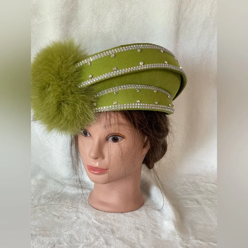 Stunning Mr D’s Vintage hat green wool and rhinestones Sunday church wedding